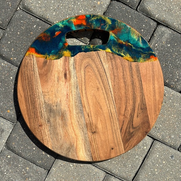 Round Cutting Board Charcuterie Board with Orange Blue and Gold Resin